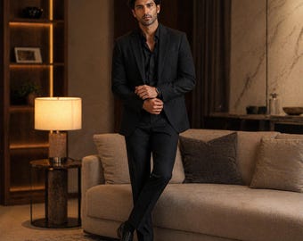 Blazer da uomo nero personalizzato, giacca su misura per matrimoni, lavoro, feste, eventi formali e altro ancora.