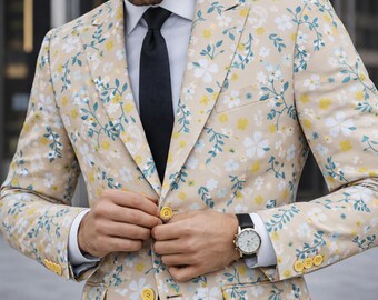 Blazer a medida para hombre, chaqueta floral beige, blazer de lona a medida, blazer de boda de diseñador, blazer elegante y llamativo, blazer de verano