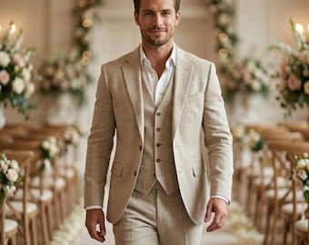 Herren Custom Beige Baumwolle Leinen Anzug | 3 Teiliger Maßanzug, Sommer Hochzeitsanzug für Männer | Leinen Blazer und Weste Set | Bräutigam Anzug