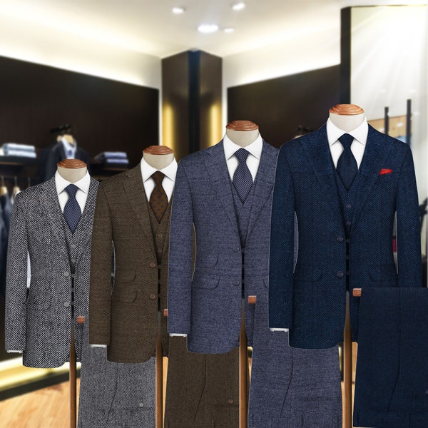 Herren Yarn-Dyed Tweed Herringbone Maßgeschneiderte 3-teilige Slim Fit Anzug, Bräutigam tragen und Groomsmen Anzüge