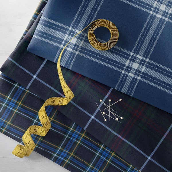 Tissu à carreaux tartan en coton teint en fil non cousu, bleu marine, bleu vert, bleu blanc