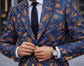 Men’s Custom Blazer, Navy Floral Jacket, Tailor Made Canvas Blazer, Designer Evening Blazer, Botanical Print Blazer, Party Blazer