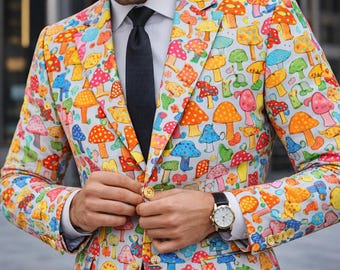 Men’s Custom Blazer, Mushroom Print Jacket, Colorful Statement Blazer, Tailor Made Canvas Blazer, Fun Designer Blazer, Gift for Him
