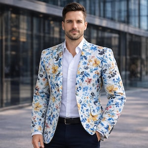 Blazer a medida para hombre, chaqueta con estampado floral, blazer de lona a medida, blazer de boda de diseñador, blazer de verano llamativo, regalo para él