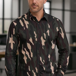 Camo Print Shirt: Ungenähte Poly-Cotton-Mischung, volle Ärmel