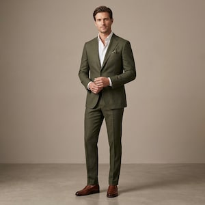 Op de afbeelding: Een groen pak met een wit overhemd. De colbert heeft een sluiting met twee knopen en een pochet. De broek is op maat gemaakt. De persoon draagt bruine leren schoenen.