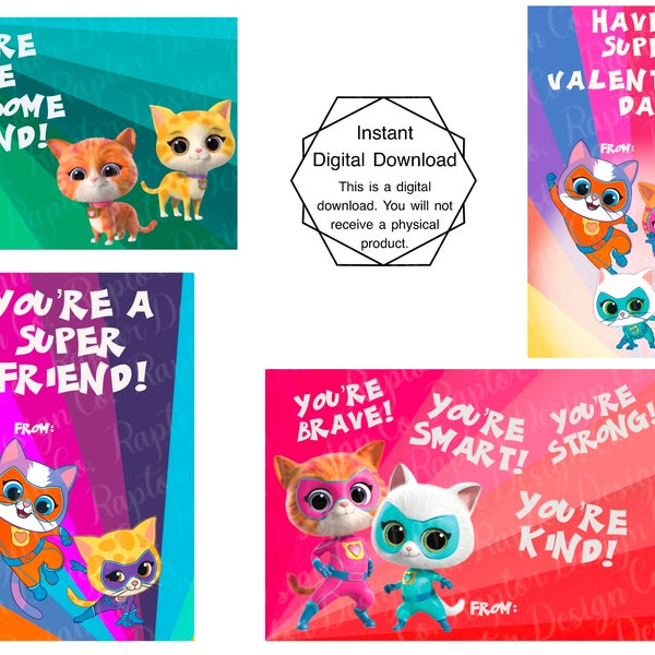 Super hero cats printable Valentine’s Day cards