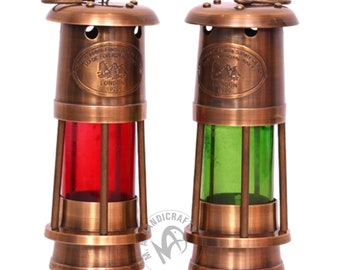 Nautical Antique Set of 2 Vintage Miner Ship Oil Lamp/Lantern Maritime Wall Home Decor Hanging Brass Lamps Red Green Glass Unique Table Lamp
