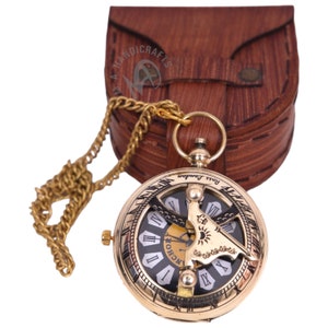 Nautical Brass Sundial Pocket Watch with Leather Case Antique Vintage Maritime Personalize Engraved Groomsmen Watch Birthday, Wedding Gift image 5