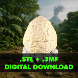Peut inclure: Un objet en forme d'œuf de couleur crème avec une surface texturée, reposant sur une base de pierres noires et blanches. Les mots ".STL + .3MF DIGITAL DOWNLOAD" sont en vert en dessous. Le fond est un paysage verdoyant.