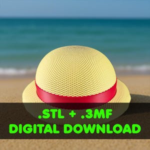 May include: A straw hat with a red band sits on a sandy beach with the ocean in the background. The hat is light yellow and has a woven texture. Text on the image reads ".STL + .3MF DIGITAL DOWNLOAD".