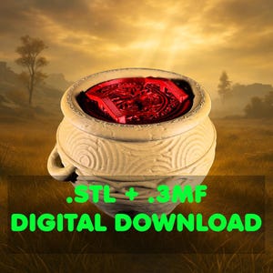 May include: A beige, ornate pot with a red, detailed object inside. The pot has two handles and a textured surface. The text ".STL + .3MF DIGITAL DOWNLOAD" is displayed in green at the bottom of the image.