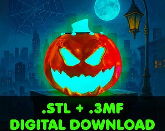 May include: A digitally rendered Halloween scene featuring a glowing orange pumpkin with a carved face, set against a city skyline and a full moon. The text reads ".STL + .3MF DIGITAL DOWNLOAD" in green.