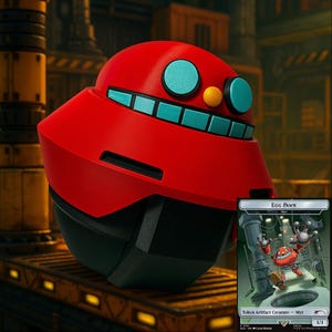May include: A red and black Eggman-style figurine with teal and yellow accents. The figurine has a rounded top and a rectangular base. A card with the text "Egg Pawn" is in the image.