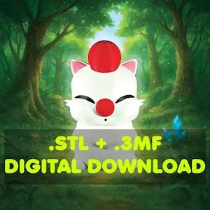 Può includere: Una statuetta bianca con una sfera rossa sulla testa, un naso rosso e occhi neri. La statuetta è ambientata su uno sfondo di foresta verde. Il testo sull'immagine recita ".STL + .3MF DOWNLOAD DIGITALE."