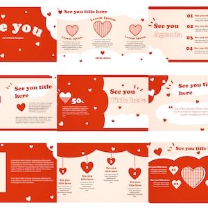 Puede incluir: Una plantilla de presentación de PowerPoint con un patrón de corazón rojo y blanco. La plantilla incluye una diapositiva de título, una diapositiva de agenda, una diapositiva con un gráfico del 50% y una diapositiva con una cita sobre el amor. La plantilla está decorada con corazones rojos.