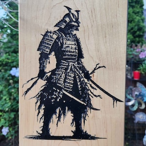 Samurai Wood Engraving: Hand-Painted Maple Wall Art