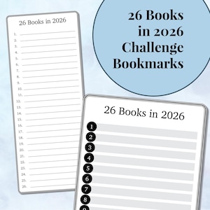 May include: Two white bookmarks with the text "26 Books in 2026" and numbered lines for tracking reading progress. A light blue circle with the text "26 Books in 2026 Challenge Bookmarks" is also present.
