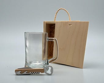 Set de regalo para amantes de la cerveza: vaso de 660 ml y caja de madera con abridor. Oferta limitada.