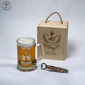 Cadeau d'anniversaire personnalisé pour amateurs de bière | Grande chope gravée | Coffret en bois pour copain | Verre à bière gravé