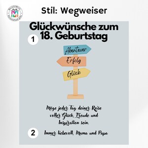 May include: A light blue graphic featuring a signpost design. The signpost has three arrows pointing in different directions, labelled "Adventure", "Success", and "Happiness". The text "Happy 18th Birthday" is at the top, with a message below.