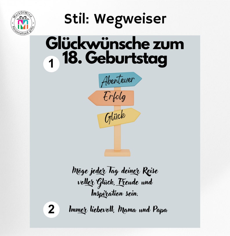 May include: A light blue graphic featuring a signpost design. The signpost has three arrows pointing in different directions, labelled "Adventure", "Success", and "Happiness". The text "Happy 18th Birthday" is at the top, with a message below.