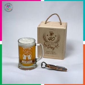 Personalized birthday gift beer lovers| engraved big beer mug| wooden box gift for boyfriend| engraved beer glass| for man|him|dad|groomsman