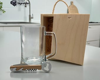 Set de regalo para amantes de la cerveza: vaso de 660 ml y caja de madera con abridor. Oferta limitada.