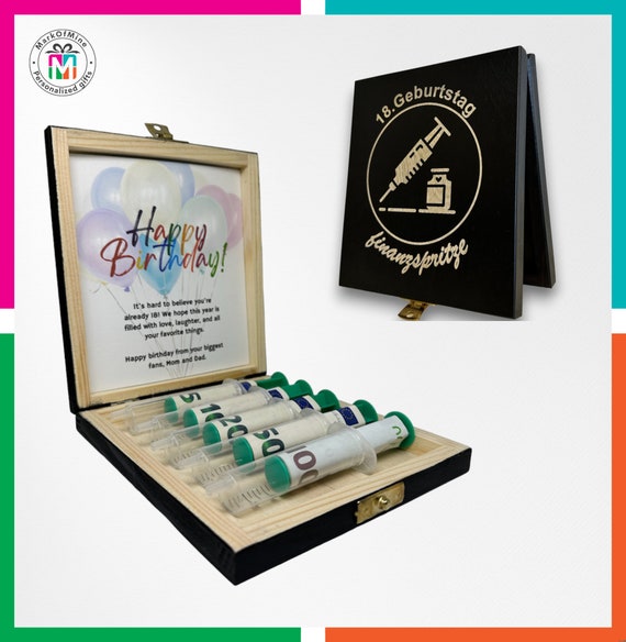 Finanzspritze Geldgeschenk | Geschenkbox | Personalisierte Gravur | 18. Geburtstag