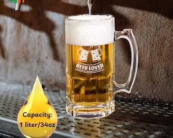 Jarra de cerveza personalizada de 1 litro / Jarra de vidrio de 34 oz con grabado personalizado