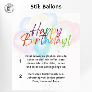 May include: A cluster of pastel-colored balloons with the words "Happy Birthday" written across them in a rainbow of colors. The image also includes German text wishing the recipient a happy birthday.