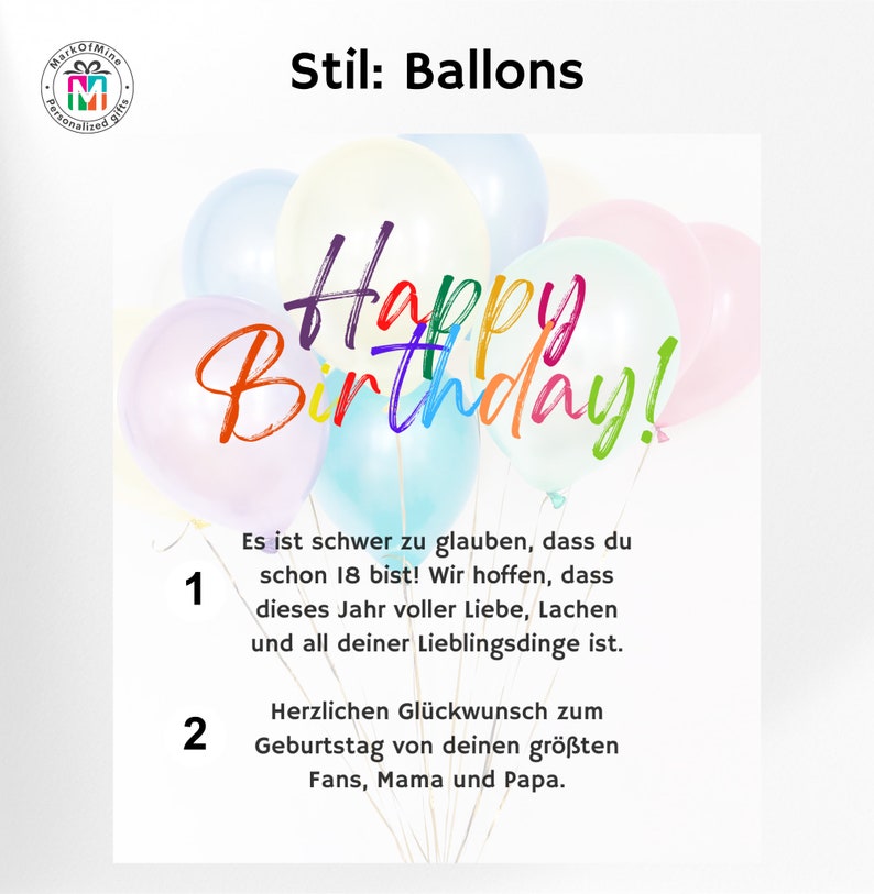May include: A cluster of pastel-colored balloons with the words "Happy Birthday" written across them in a rainbow of colors. The image also includes German text wishing the recipient a happy birthday.
