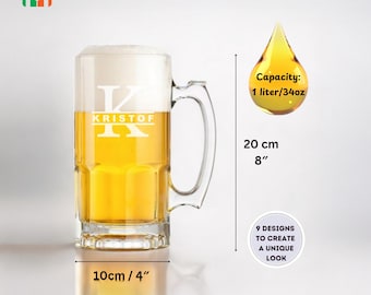 Jarra de cerveza personalizada de 1 litro / Jarra de vidrio grabada personalizada
