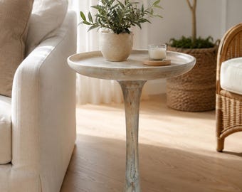 Mesita auxiliar Tulipán de madera maciza blanqueada, mesa redonda con pedestal (estilo rústico)