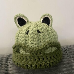 May include: A handmade crochet frog hat. The hat is light green with darker green detailing around the mouth and black and white accents for the eyes. The hat features two small, upright ears, crafted from yarn.