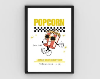 Retro Popcorn Print: Cartoon Food Poster, Kitchen Decor