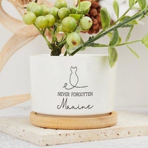May include: White ceramic planter with a black line drawing of a cat and the text "Never Forgotten Maxine". The planter is sitting on a wooden coaster.