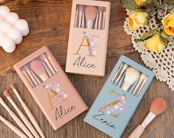 Personalized Cosmetic Brush Set with Box, Flower Initial Makeup Brush Set, Travel Makeup Brush, Makeup Brush Box with Mirror, Birthday Gifts