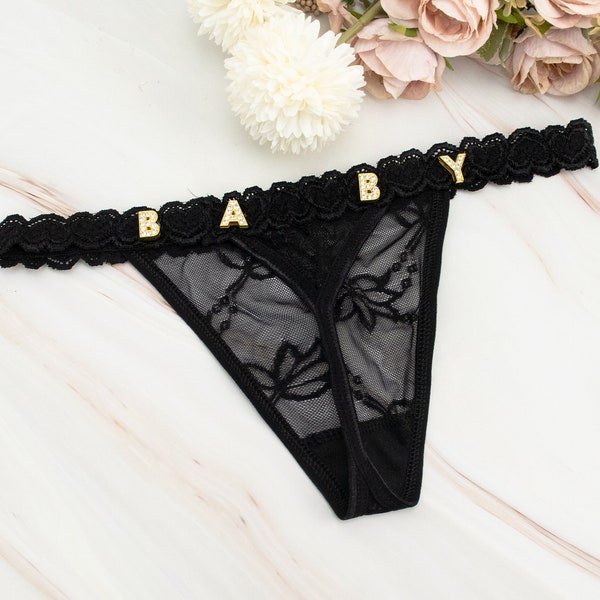 Name Thong,Custom Lace Thongs,Personalised Valentine's Day Gift For Her,Crystal Letter Name Thong For Her,Gift for Girlfriend,Gift for Wife