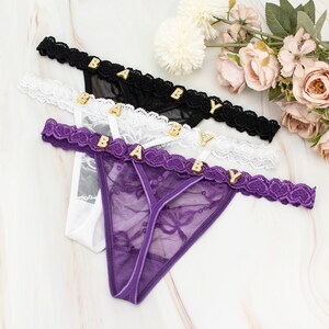 Generic 2 Pack Personalized Rhinestone Thongs With Custom Name, DIY Hand-Sewn Shiny Gold Letters, Luxury Custom Underwear, One Size, Female, Thongs