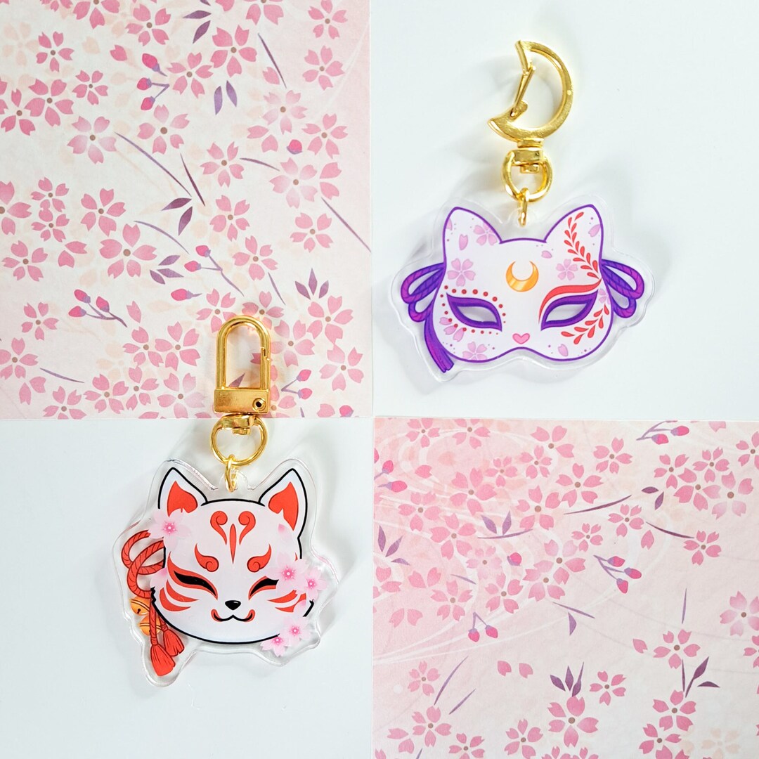 Japanese Mask Keychains Fox Kitsune Festival Sakura Cat Neko Kawaii