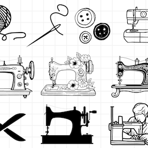 Puede incluir: Ilustraciones en blanco y negro de máquinas de coser, hilo, agujas, botones y tijeras. Una persona está sentada en una máquina de coser.