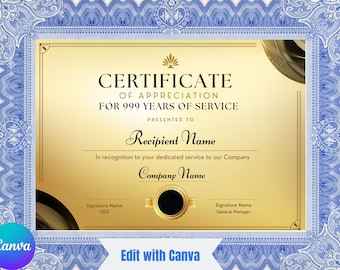 Editable Years of Service Certificate of Appreciation Template| Printable Corporate Employee Award Elegant Gift Certificate Download