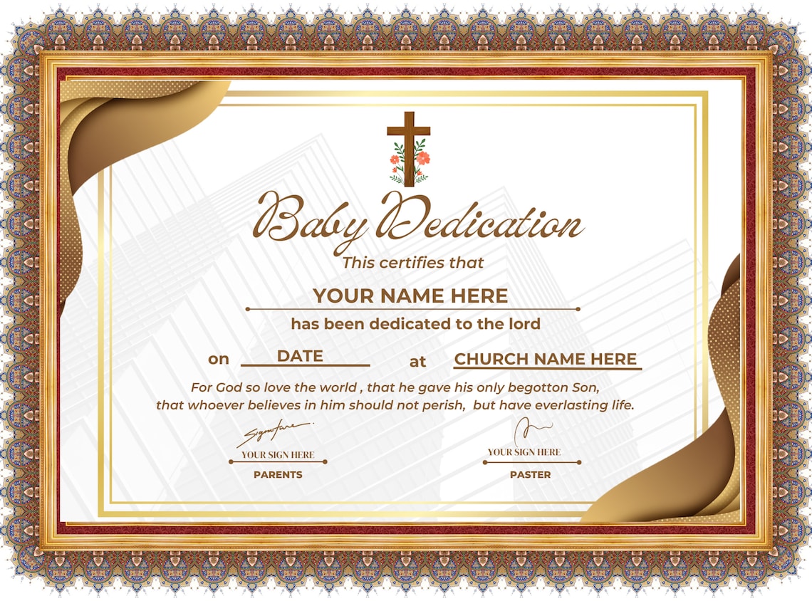 Editable Baby Dedication Certificate Template: Printable Church ...