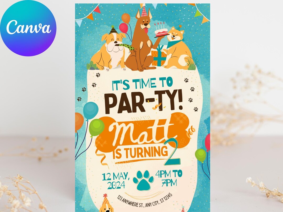 Editable Dog Birthday Party Invitation Puppy Birthday Invite Pink Girl ...