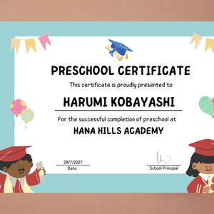 編集可能な幼稚園卒業証明書| 印刷可能でカスタマイズ可能な幼稚園卒業証明書テンプレート| Canva テンプレート| デジタルダウンロード