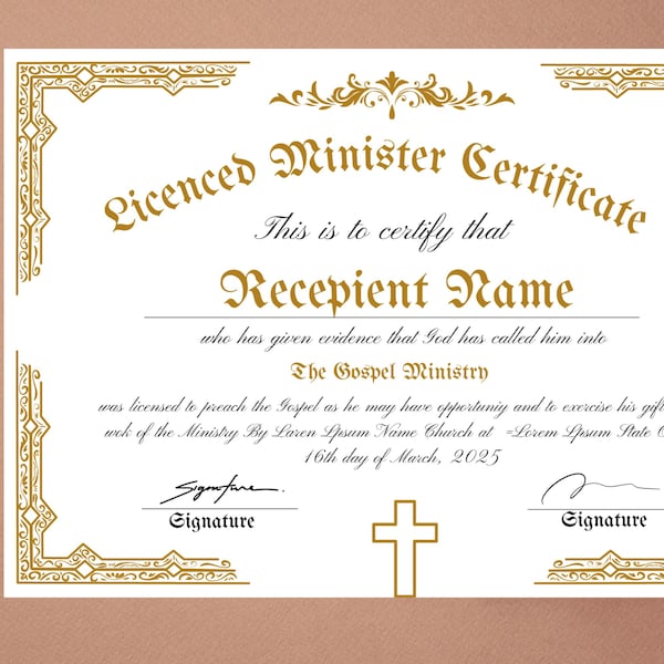 Editable Licensed Minister Certificate Template| Printable Vintage Luxury Certificate of License| License to Preach| Instant Download