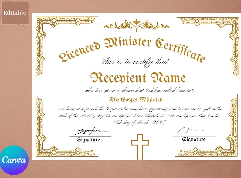 Editable Licensed Minister Certificate Template Printable Etsy