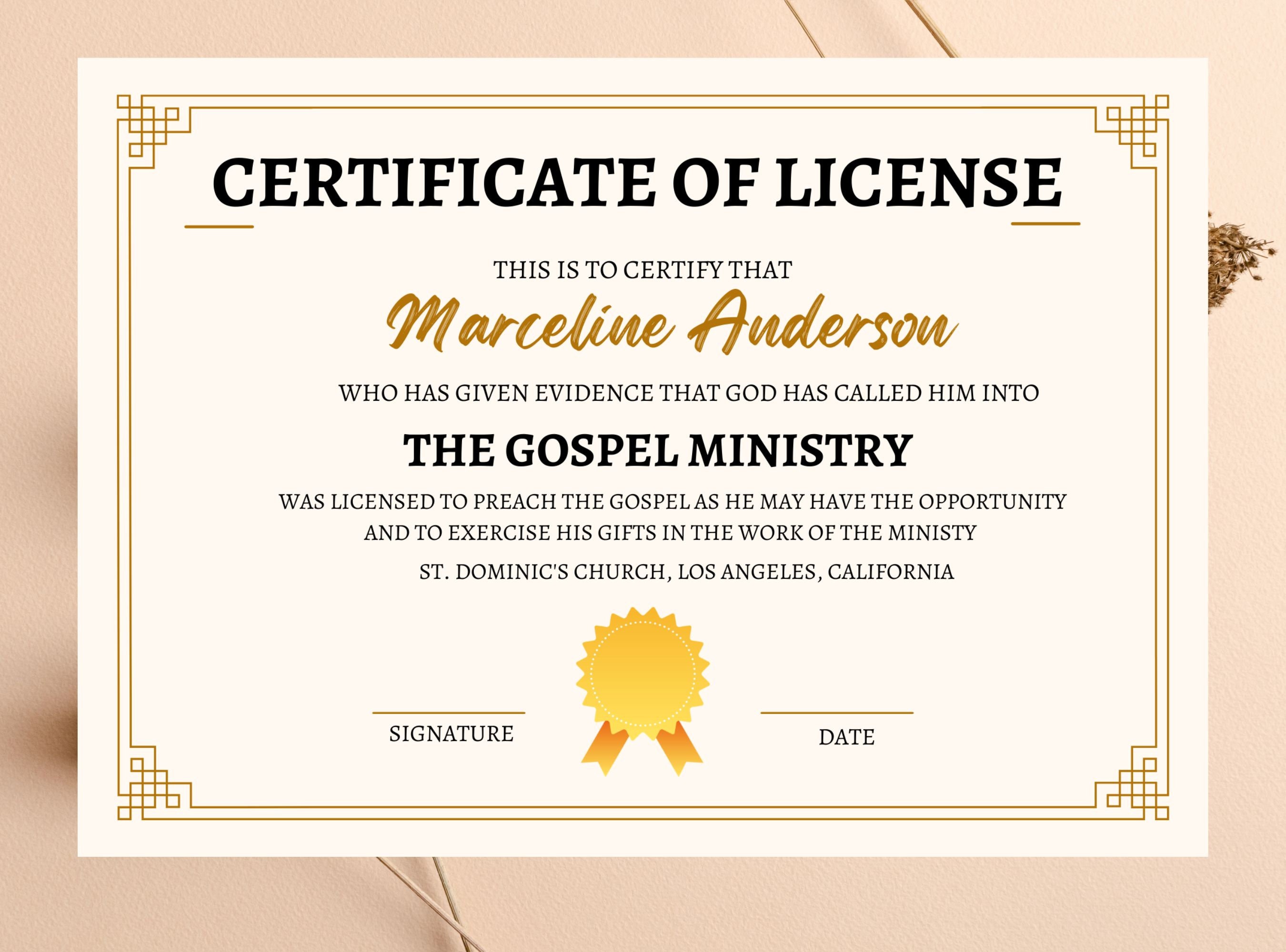 Certificate of License Template| Editable License to Preach Certificate ...