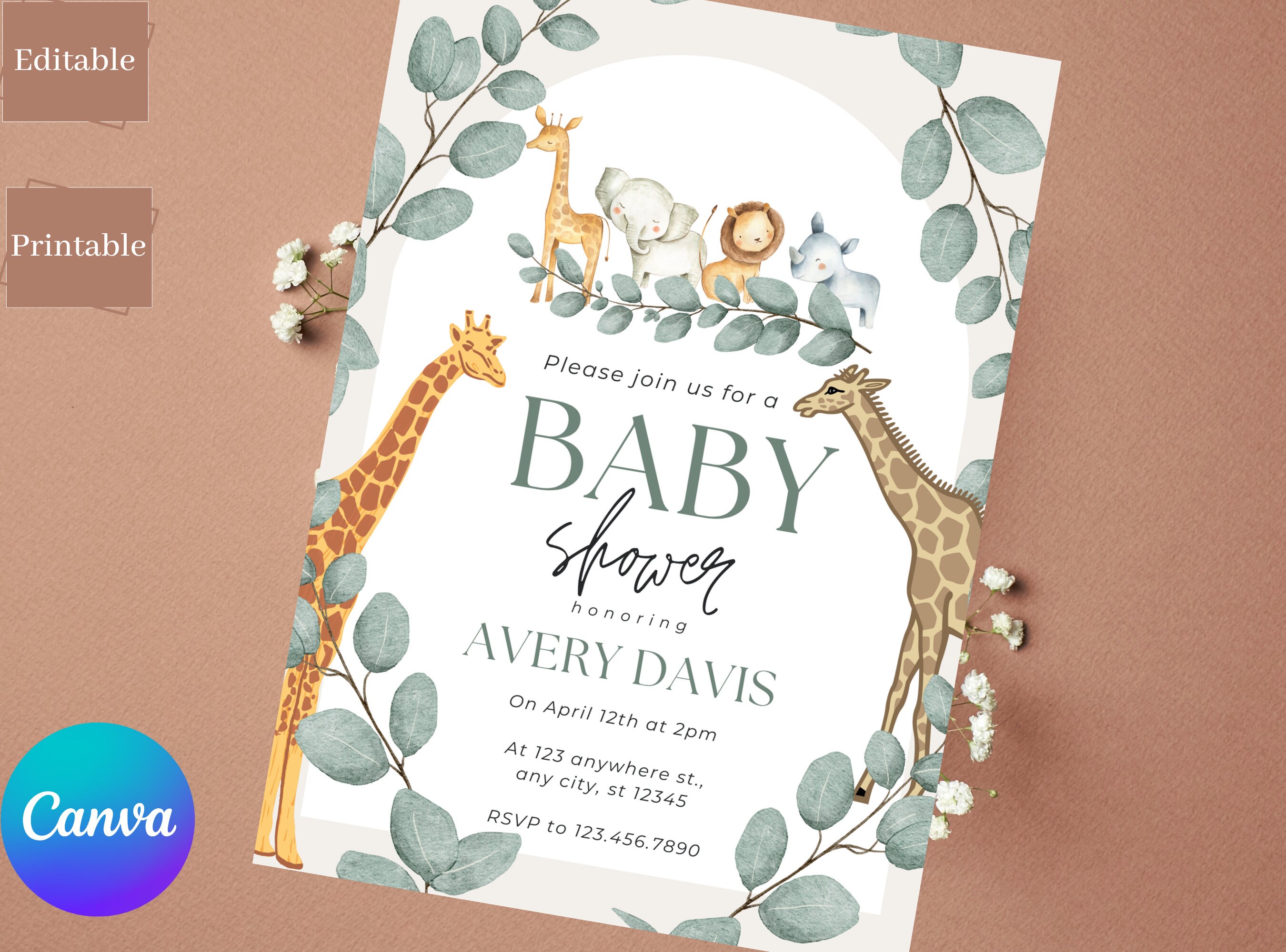 Safari Animal Baby Shower Invitation: Greenery Jungle Theme (PDF) - Etsy